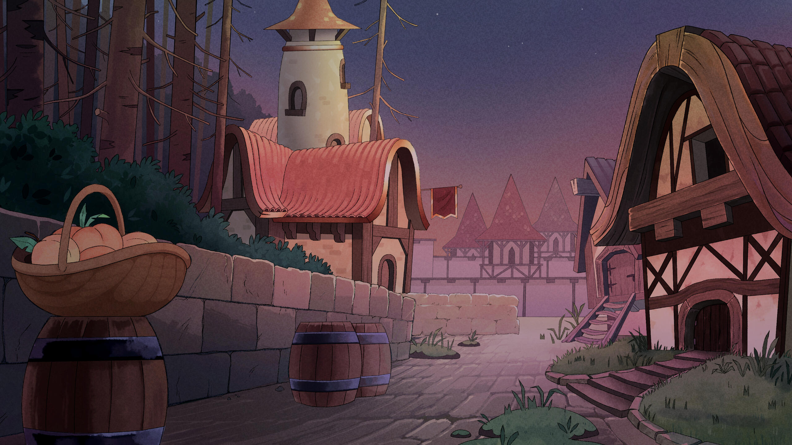 Little Village background at dusk, done in Clip Studio
