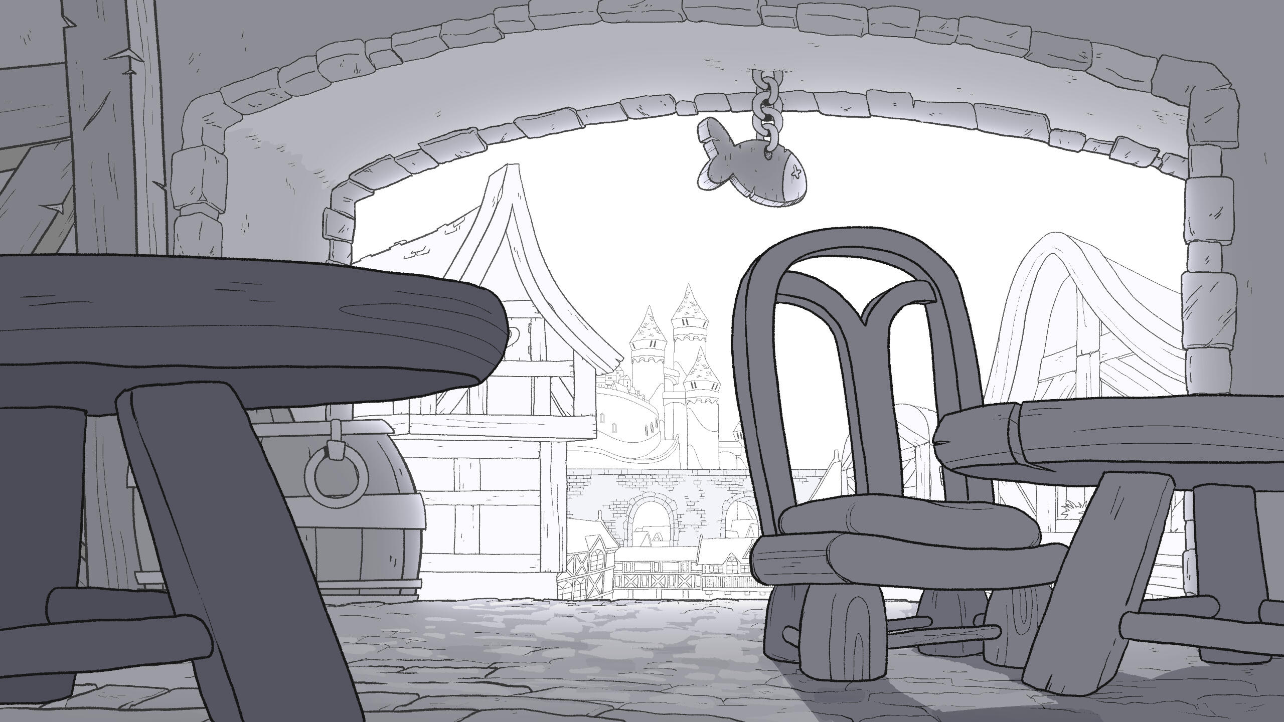 Milk Tavern background design, done in Clip Studio