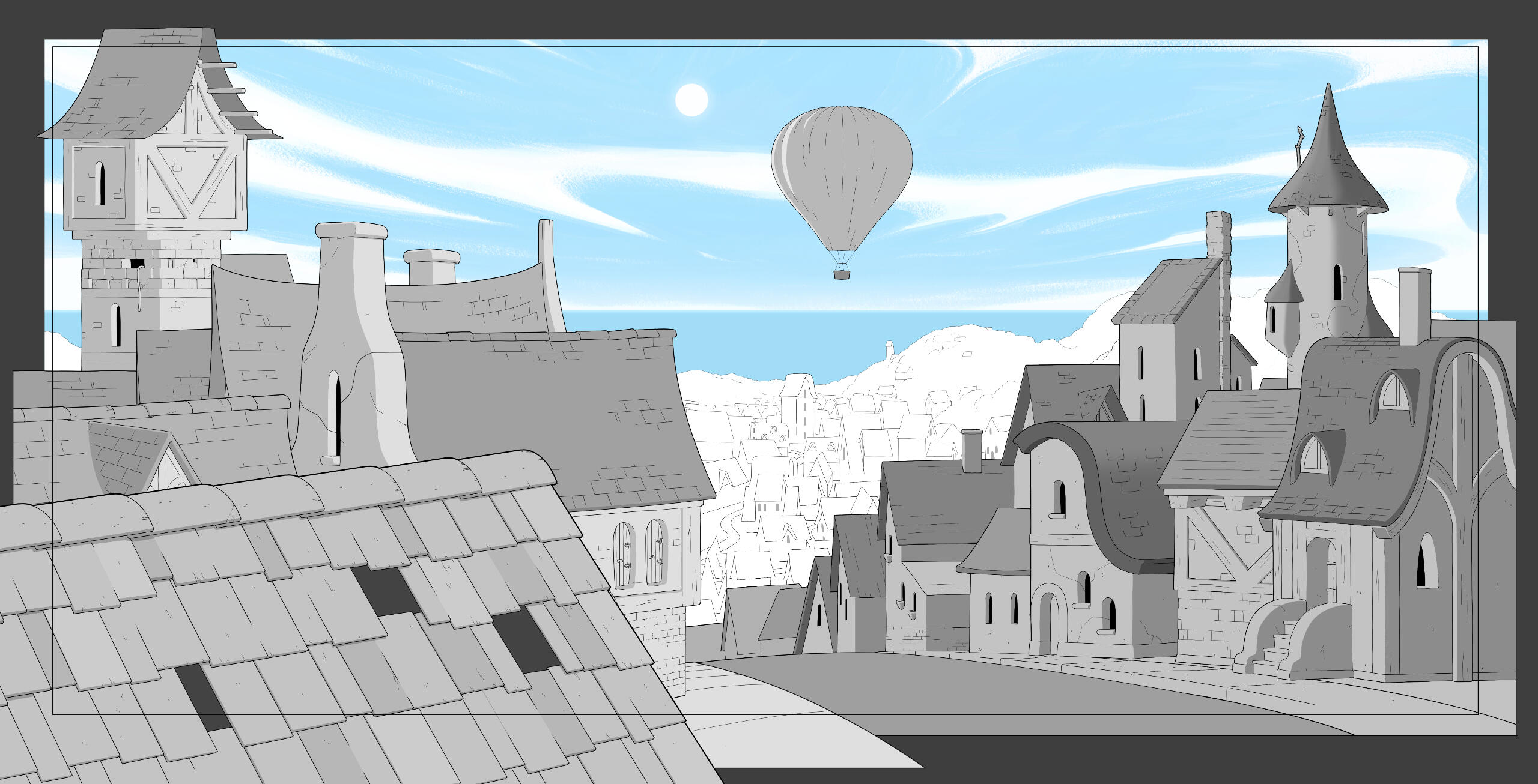 Hot Air Balloon background design, done in Clip Studio