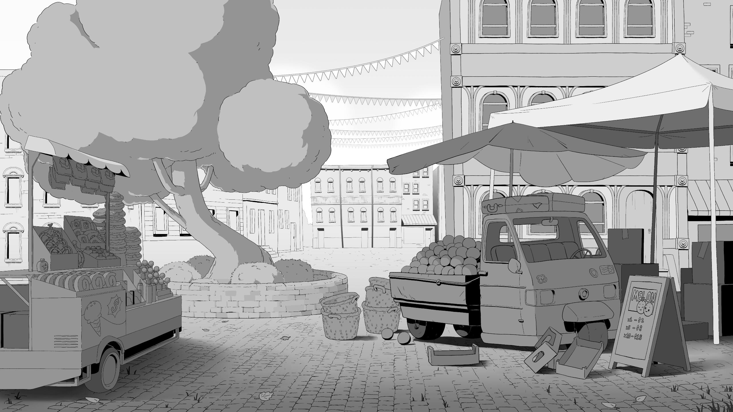 Farmer's Market background design, done in Clip Studio