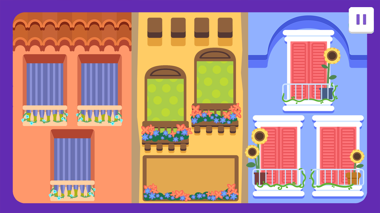 A background with open and closed windows, so that the player may tap on each window to open the blinds and reveal what is behind it. Made in Photoshop and Illustrator.