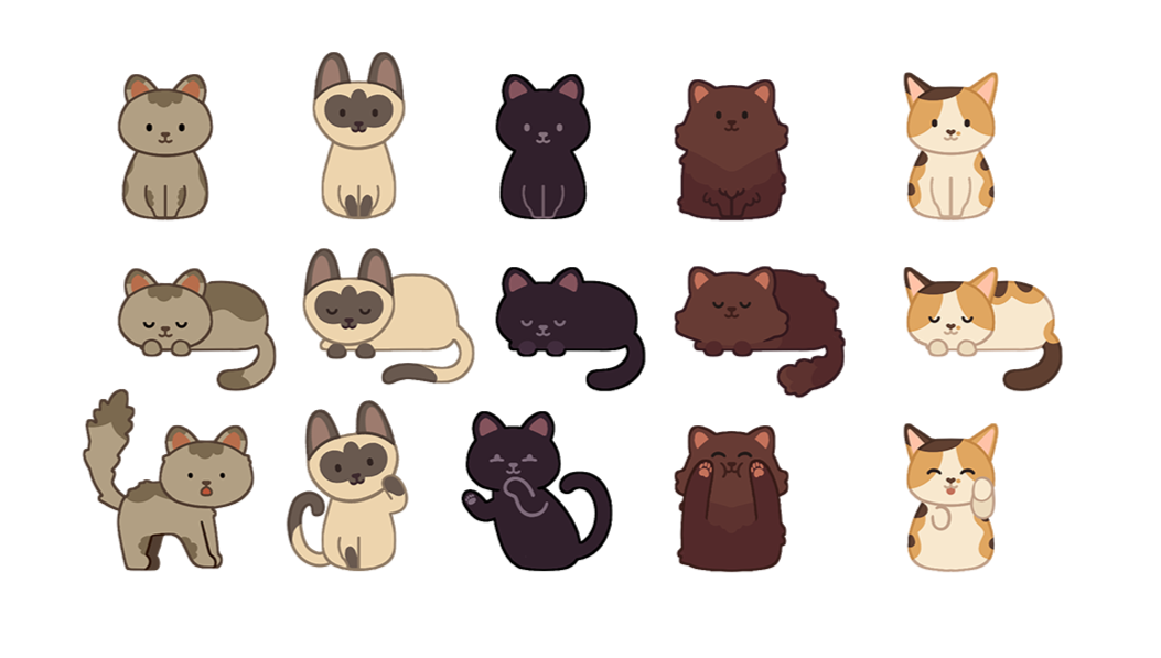 Character designs of various cats that sit behind the closed windows for children to match up. Made in Photoshop and Illustrator.